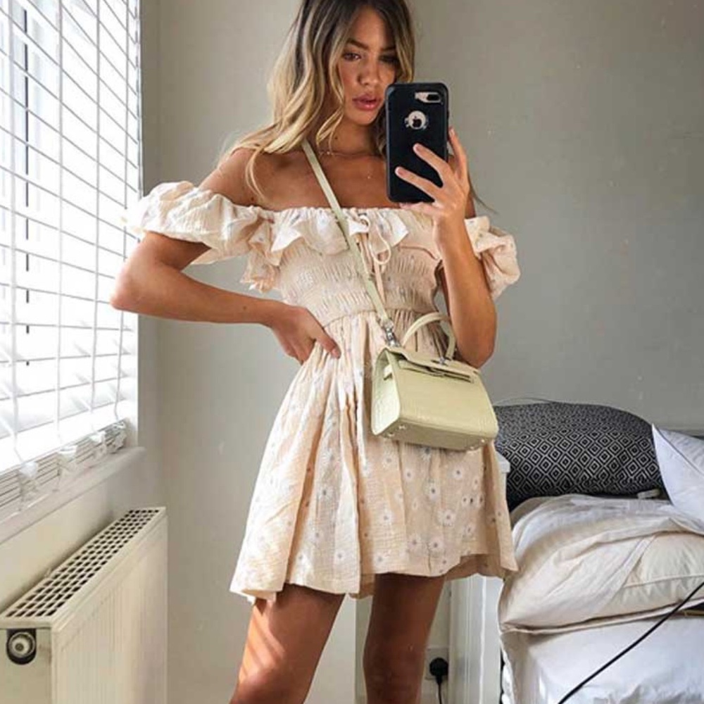 Cream Boho OFF shoulder Floral Print Mini Dress